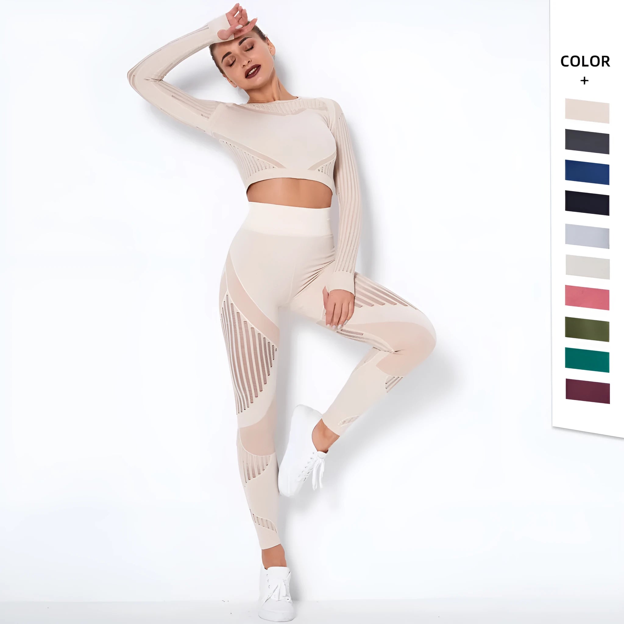 Women's long-sleeved seamless knitted yoga suit in a neutral colour, showing the stretch fabric and close fit.