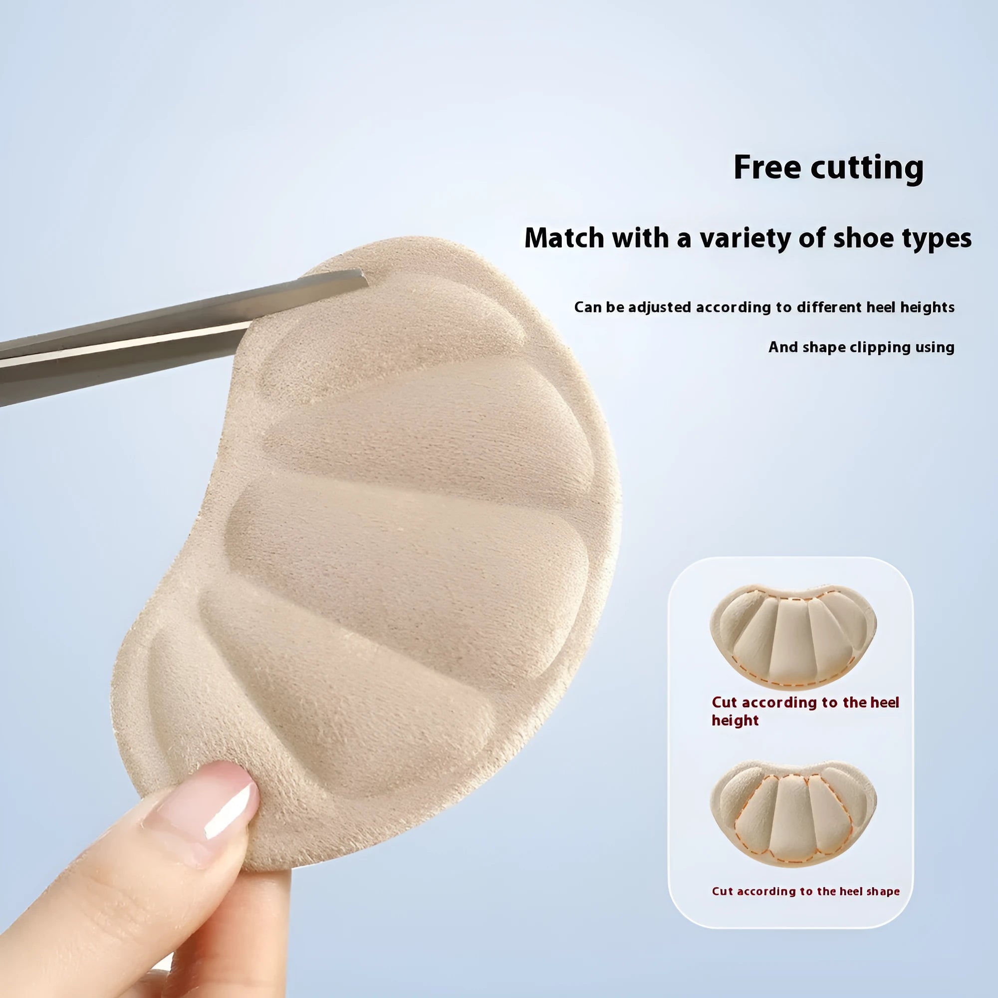 Camel-coloured anti-blister heel cushion pads with suede surface measuring 9.3x6 cm