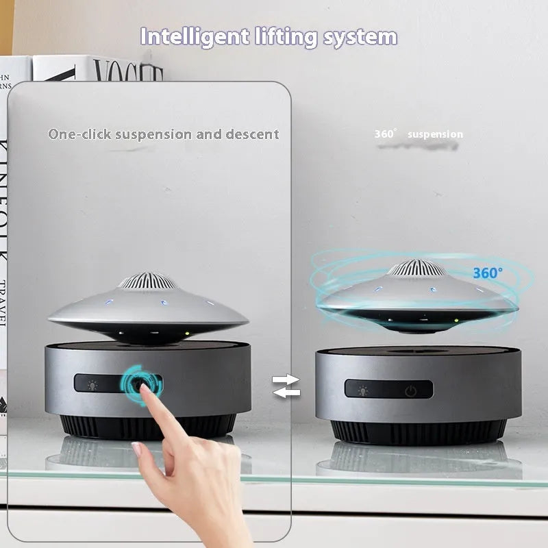 Magnetic levitation Bluetooth speaker with a floating glowing sphere above a circular base unit.