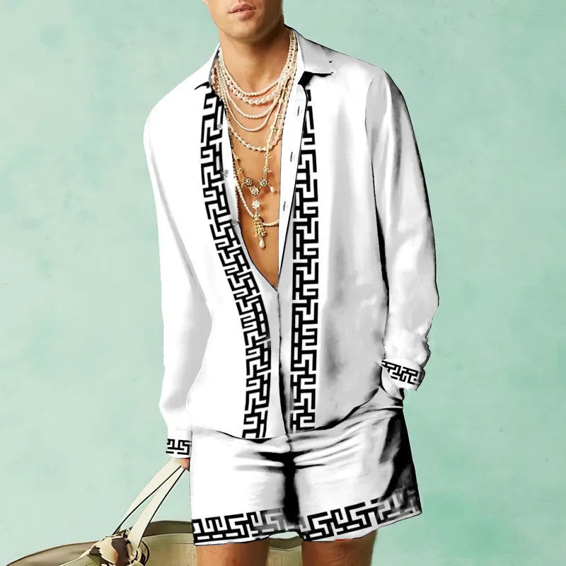 Men's slim fit polyester shirt and shorts set in a summer colour on a hanger