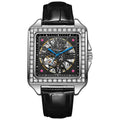 Men's square automatic watch with diamond-studded design on stainless steel case with leather strap