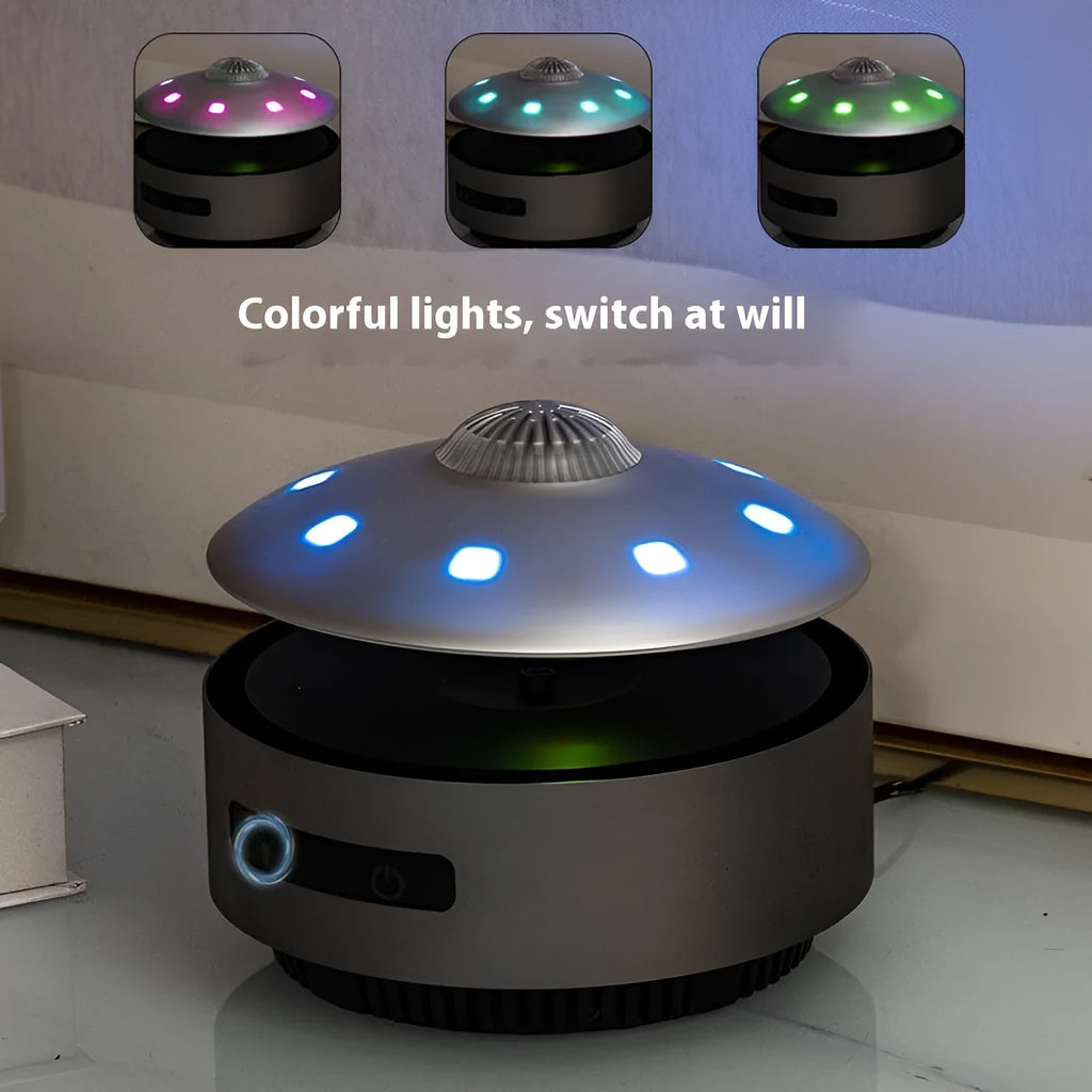 Magnetic levitation Bluetooth speaker with a floating glowing sphere above a circular base unit.