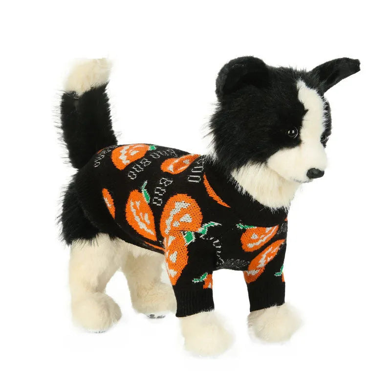 Black dog sweater with orange Halloween pumpkin pattern, shown in multiple sizes