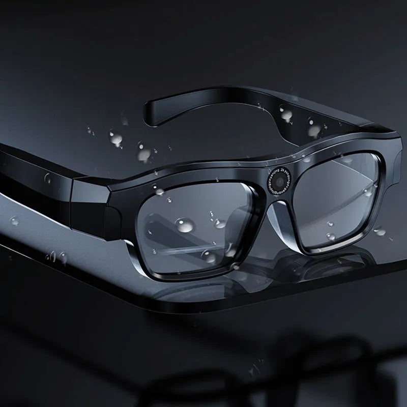 Black smart Bluetooth glasses with integrated camera for video recording