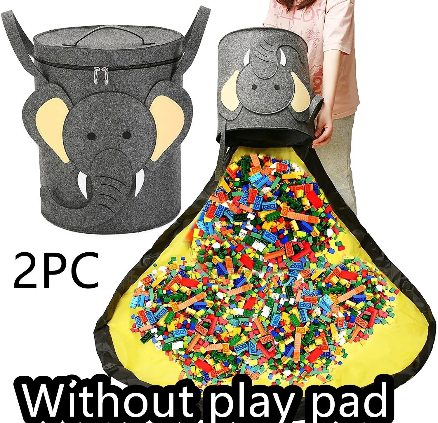 Green felt storage bag converted into a toy play mat with pull rope closure