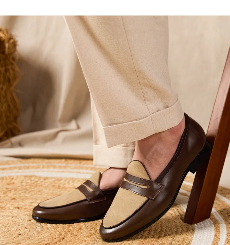 Brown suede leather loafers with high-gloss finish and stitched construction