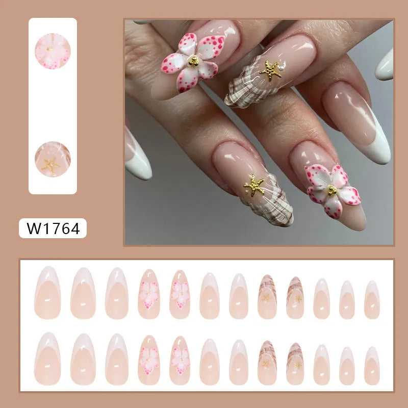 French style artificial fake nails with simple flower designs and rock pattern patch accents