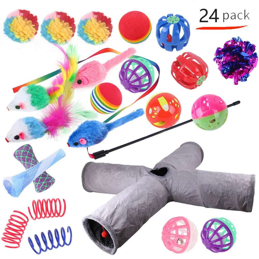 Plastic cat toy channel maze set with coloured accessories for feline play