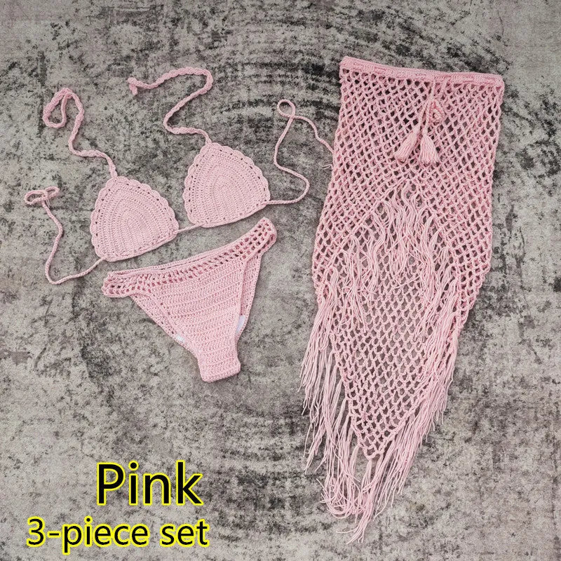 Women's 3-piece crochet bikini swimsuit set in a choice of colours on a mannequin.