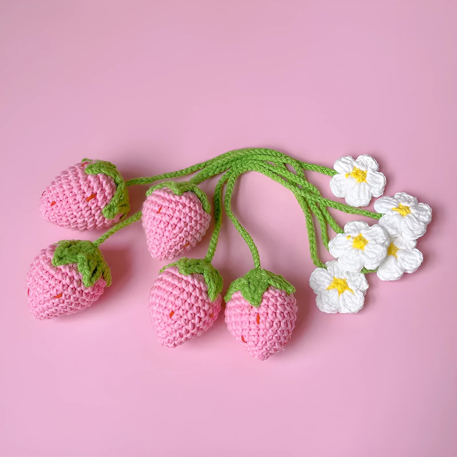 Handmade wool crochet strawberry pendant necklace with woven detail on 35cm cord