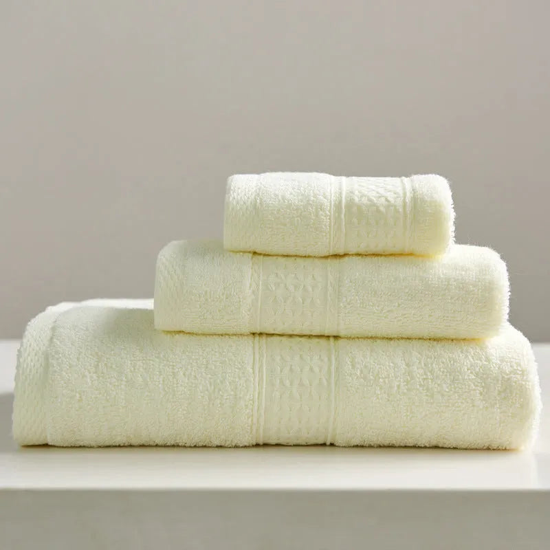 3-piece pure cotton towel set with square, hand, and bath towel in assorted colours