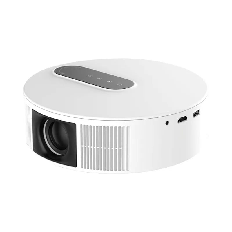 White 720p HD smart home projector with remote control on a wooden surface.