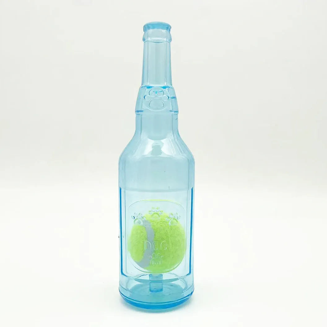 Blue green red natural rubber dog water bottle cruncher toy with squeaker for aggressive chewers