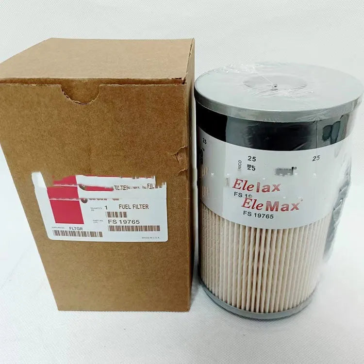 FS19764 diesel fuel filter with white housing and specifications for generator use.