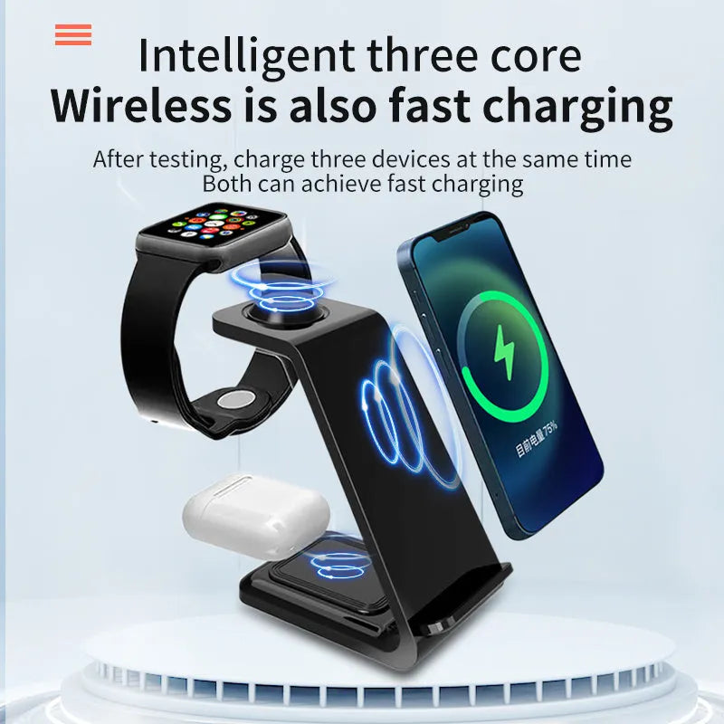 White upright wireless phone charger with dual coil design and phone in charging position