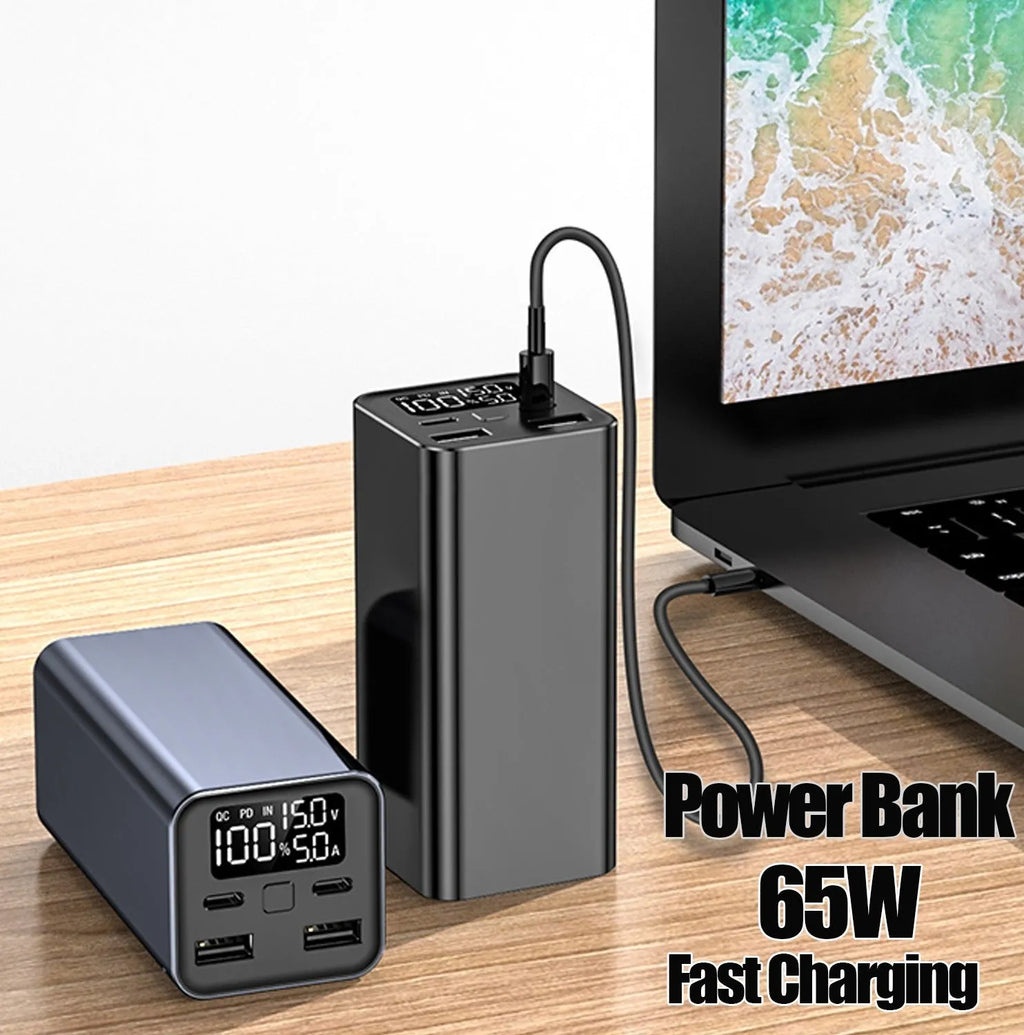 65W metal power bank with 20000mAh capacity for laptop charging, shown in black, blue, or grey.