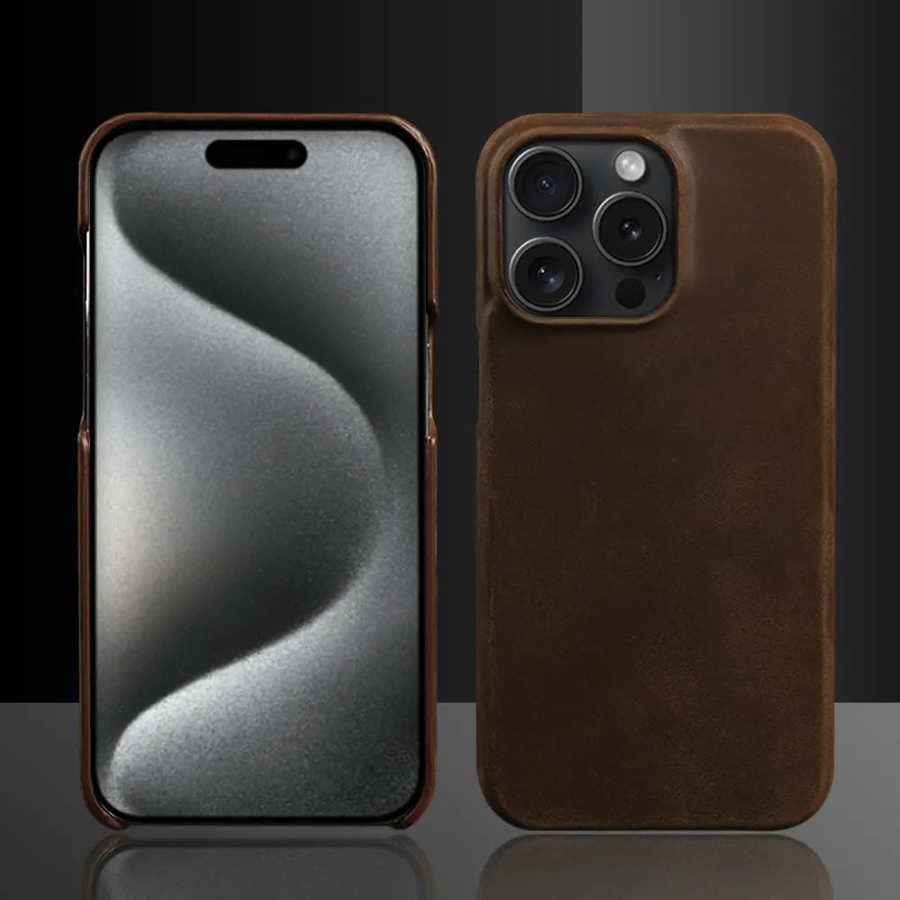 Genuine leather Crazy Horse pattern phone case for iPhone showing textured brown finish and precise camera cutout