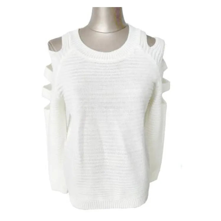 Women's grey crocheted hollow-out long-sleeved shirt with a round neck on a hanger