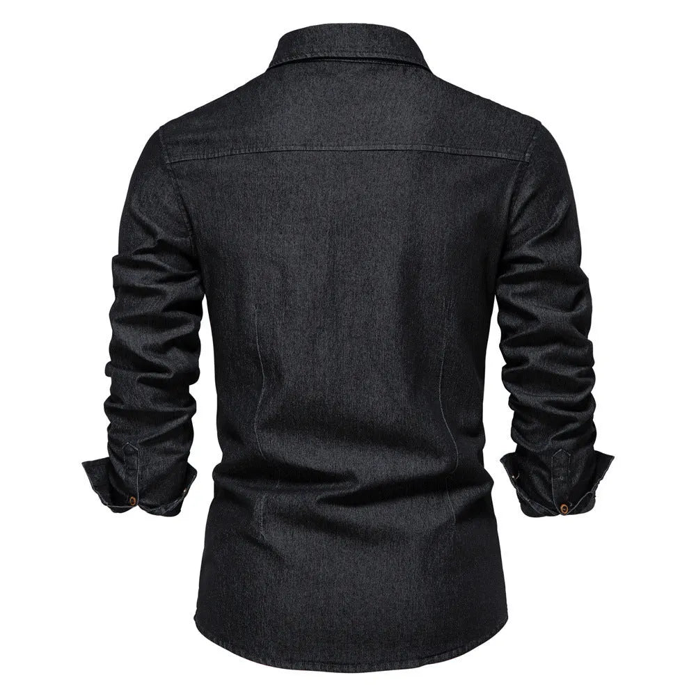 Men's long-sleeved slim fit denim shirt in solid colour cotton casual top