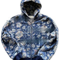 Men's loose fit hooded zip coat in polyester with digital printing, shown in red and blue colour options