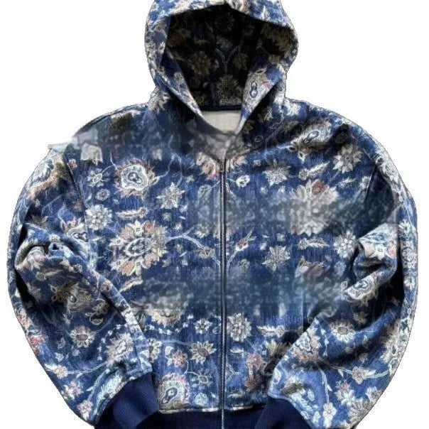 Men's loose fit hooded zip coat in polyester with digital printing, shown in red and blue colour options