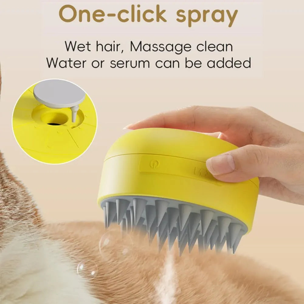 Rechargeable green and yellow silicone steam brush for grooming cats and dogs.
