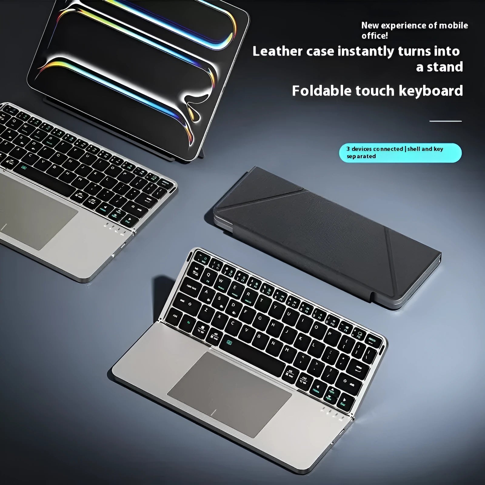Grey folding Bluetooth keyboard with phone stand extended, showing compact folded size