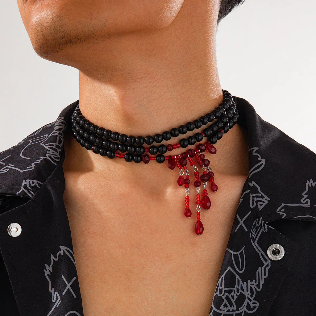 Halloween blood drop tassel necklace with artificial crystal pendant and imitation pearls on adjustable chain