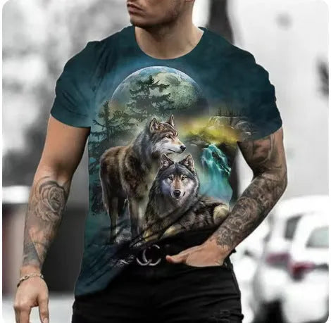 Man wearing a short-sleeved grey T-shirt with a detailed retro-style 3D animal graphic print on the front.
