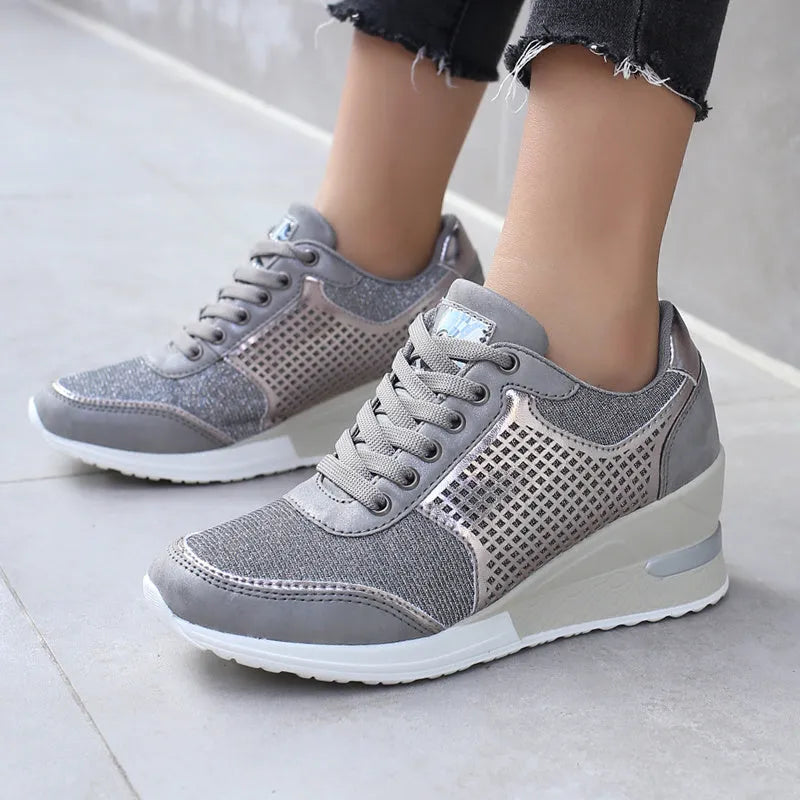 Women's PU lace-up height increasing sneakers 6.5cm round toe casual walking shoes Black Gold Grey Leopard