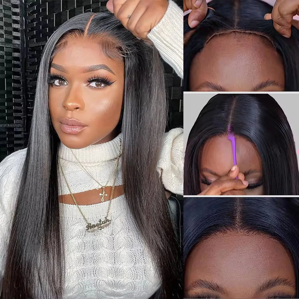 A woman wearing a long, straight, black human hair glueless wig with side bangs