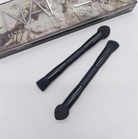 Double-headed miter sponge concealer brush with black wooden handle