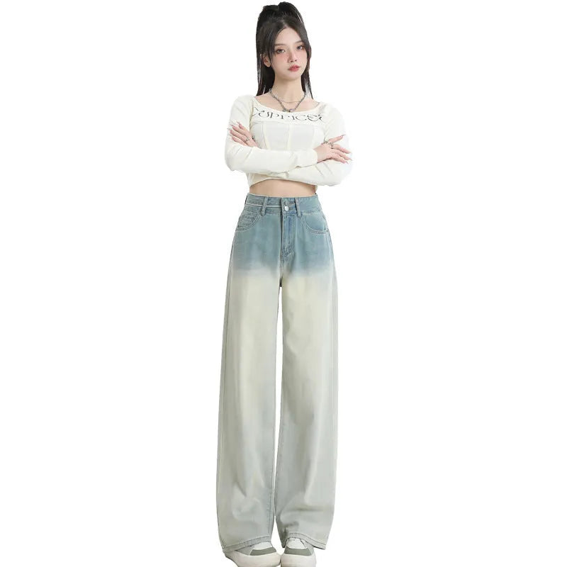 Gradient blue women's straight-leg trousers with wide-leg design and cotton composition