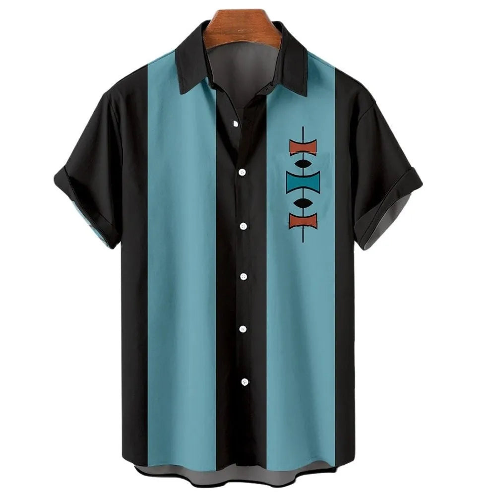 Men's striped Hawaiian short-sleeve shirt with button front and elastic band fabric