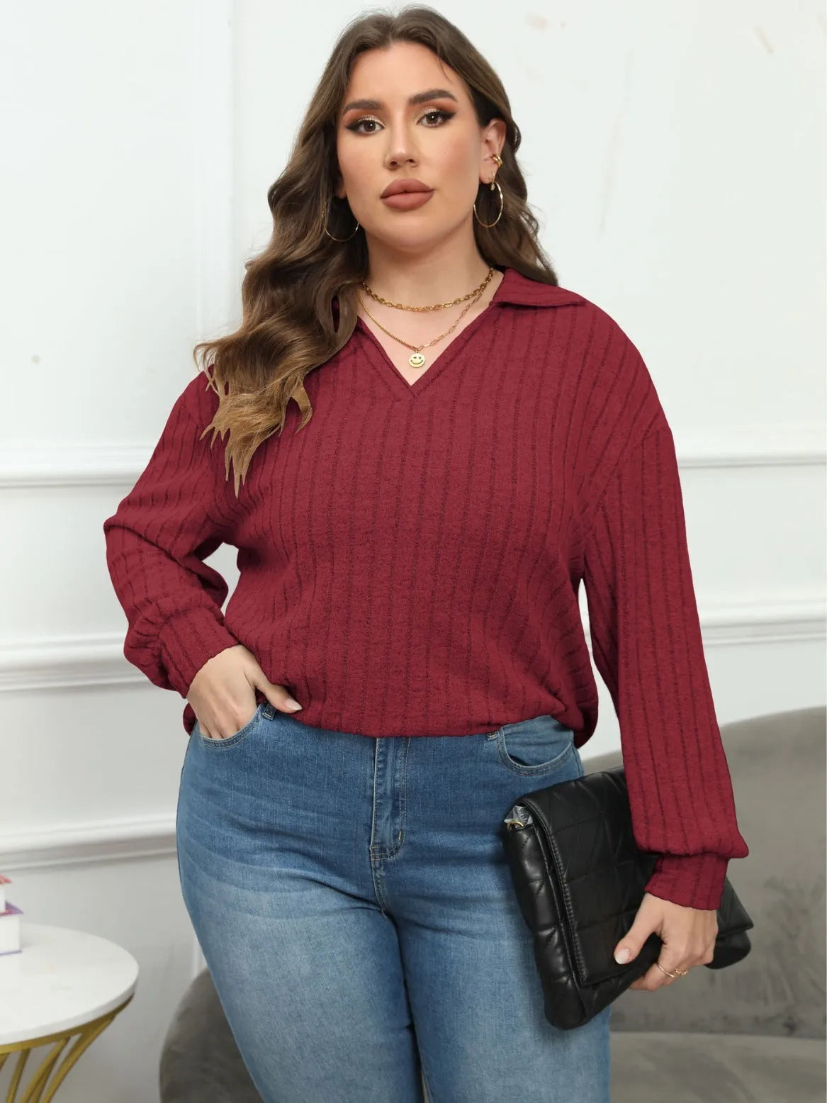 Women's plus size gray polo collar fleece blouse with lantern sleeves