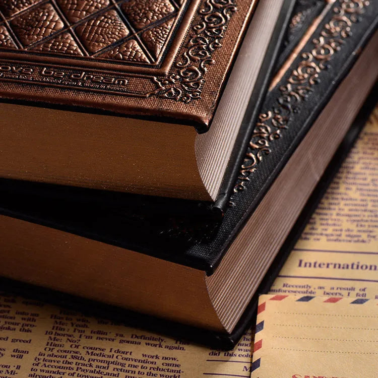 Embossed faux leather notebook with thick pages in bronze or black gold colour
