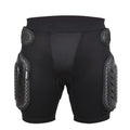 Black cycling hip protection pants showing integrated padding, available in sizes S, M, L, XL.