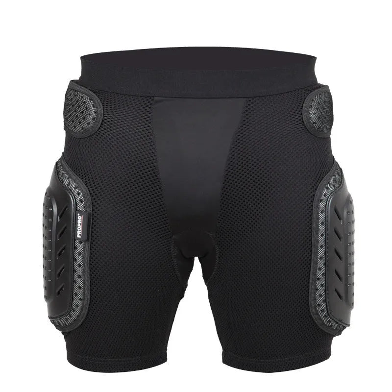Black cycling hip protection pants showing integrated padding, available in sizes S, M, L, XL.