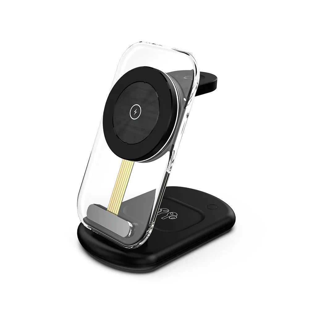 Transparent folding three-device magnetic wireless charger showing internal components