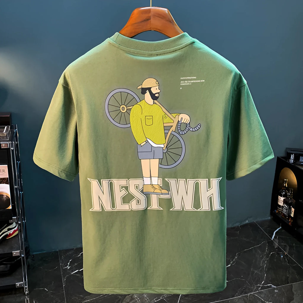 Green men's t-shirt with printed literary youth design showing loose fit and short sleeves