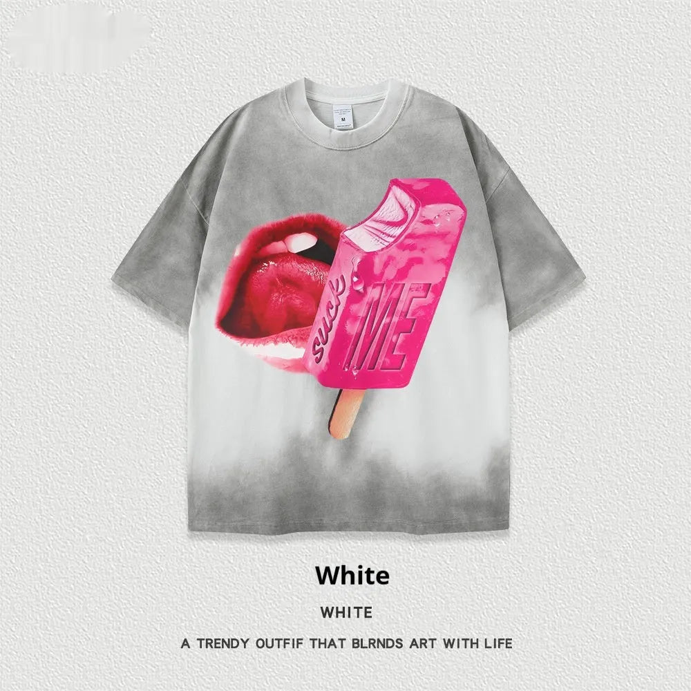 A loose-fit short-sleeved T-shirt with a cartoon print, shown in a heavy washed cotton fabric.