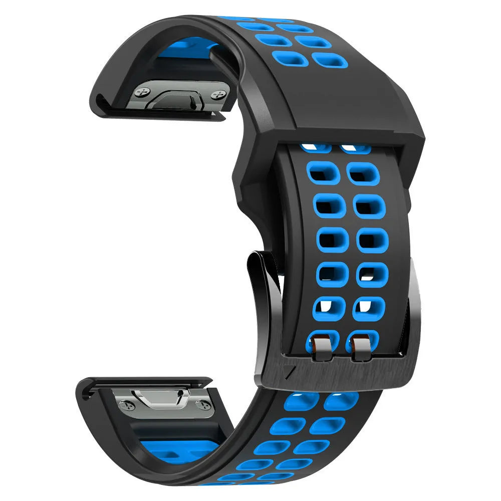 Quick release double row hole silicone watch strap in a two-tone colour on a watch.