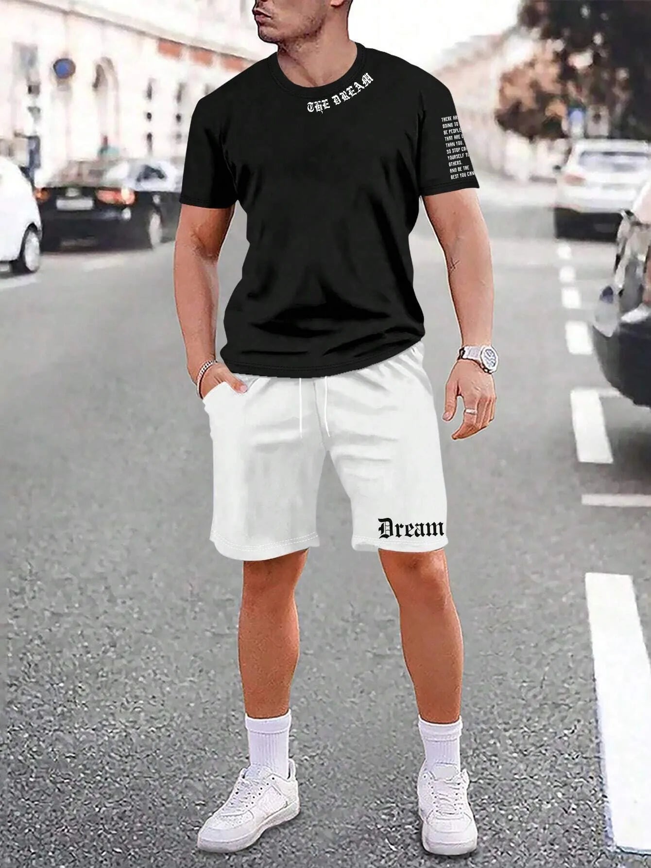 Men's printed polyester blend short sleeve top and matching shorts casual sports set