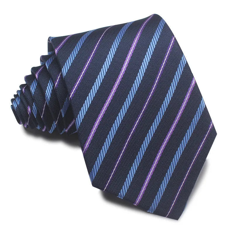 Man's red, black, and blue striped jacquard business tie with an 8cm width.