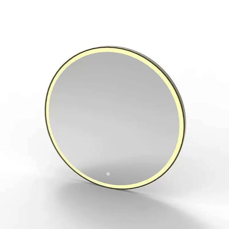 Round black aluminium frame LED bathroom mirror mounted on wall with touch control.
