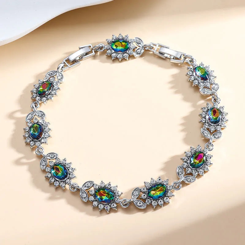 Women's zircon bracelet with electroplated finish in environmentally friendly alloy showing colour options