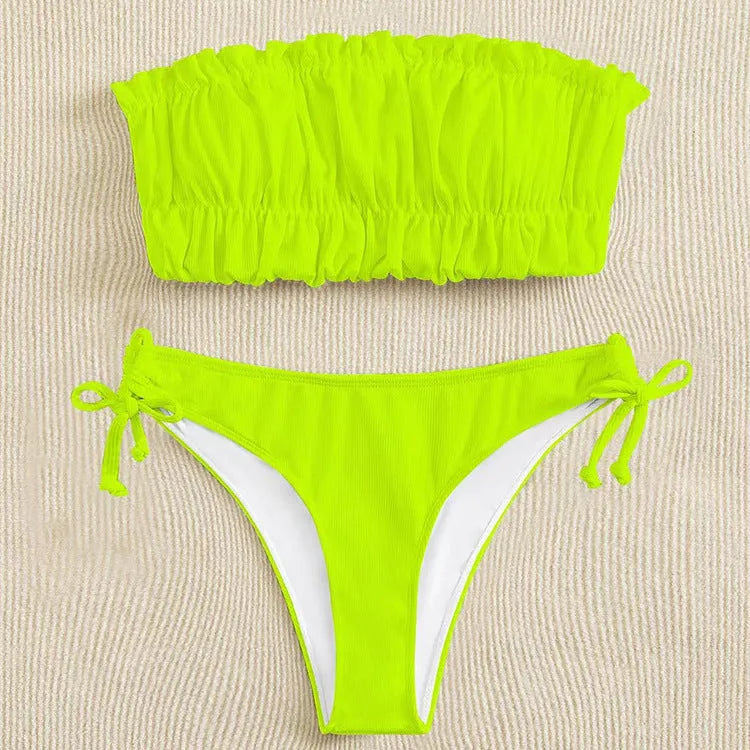 Women's solid colour polyester bikini set with chest pad, no underwire, available in black, white, purple, rose red, green, fluorescent colours, sizes S M L