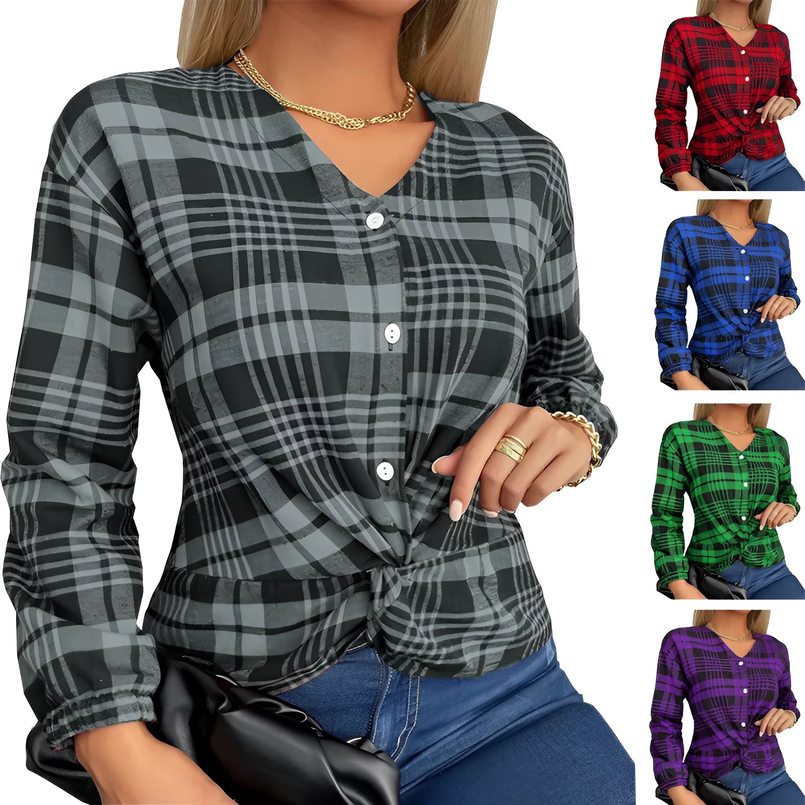 Women's plaid casual loose shirt in purple, gray, and red colours with regular sleeves