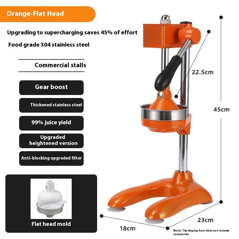 Stainless steel manual vertical citrus juicer on a countertop, showing optional colour finishes and head styles.