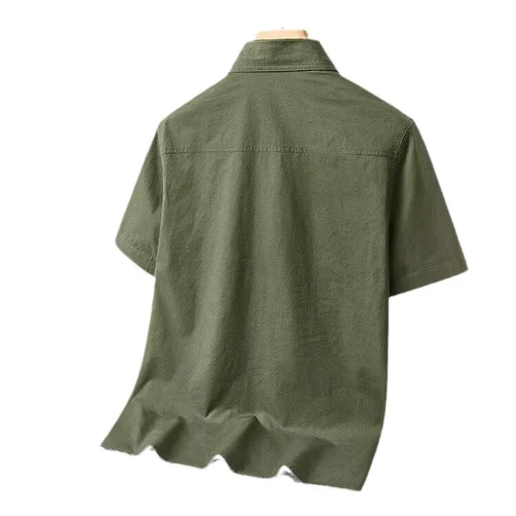 Solid colour short sleeve men's cotton blend work shirt in khaki, loose cardigan fit with non-iron finish